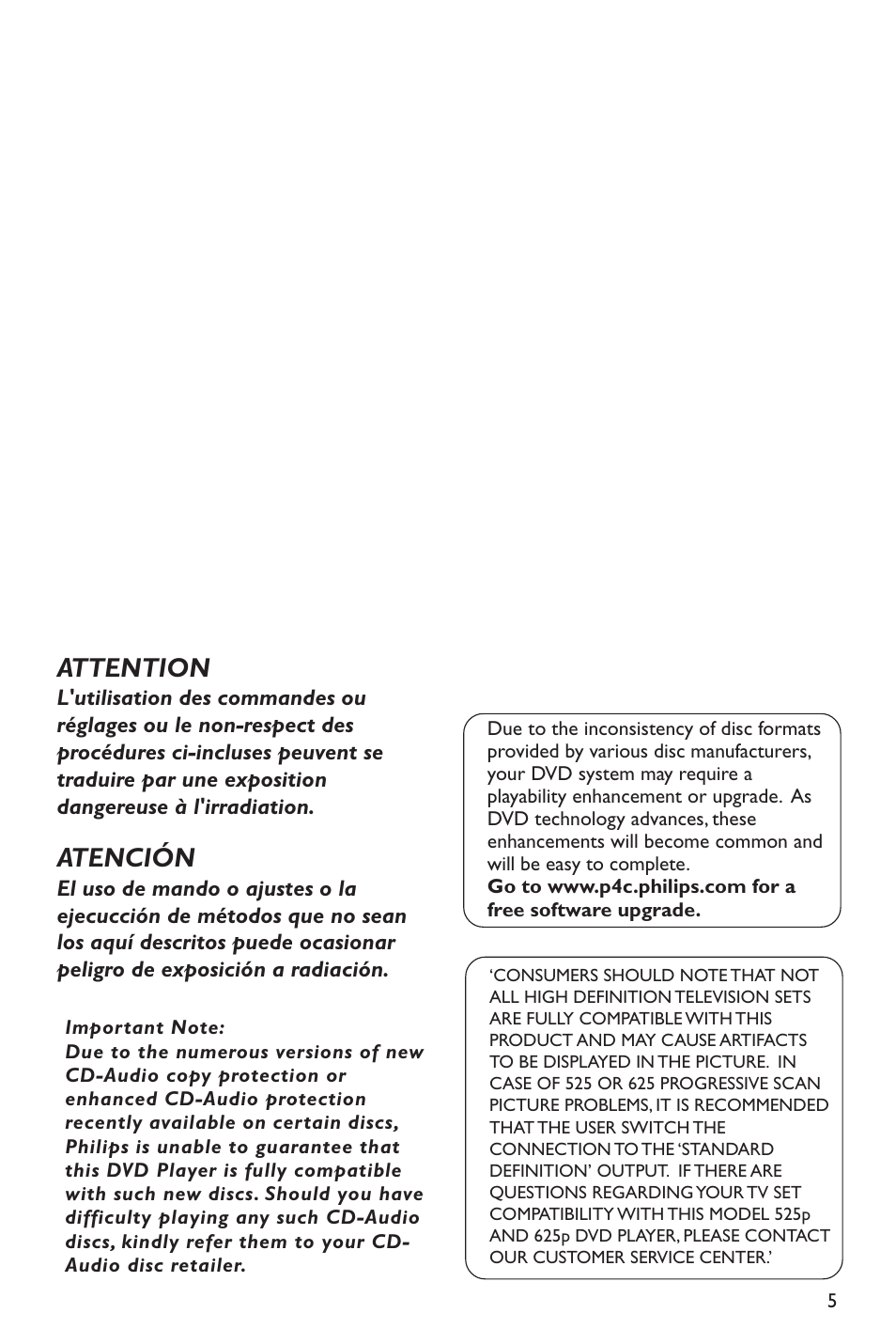 Attention, Atención | Philips DVP642-37B User Manual | Page 5 / 39