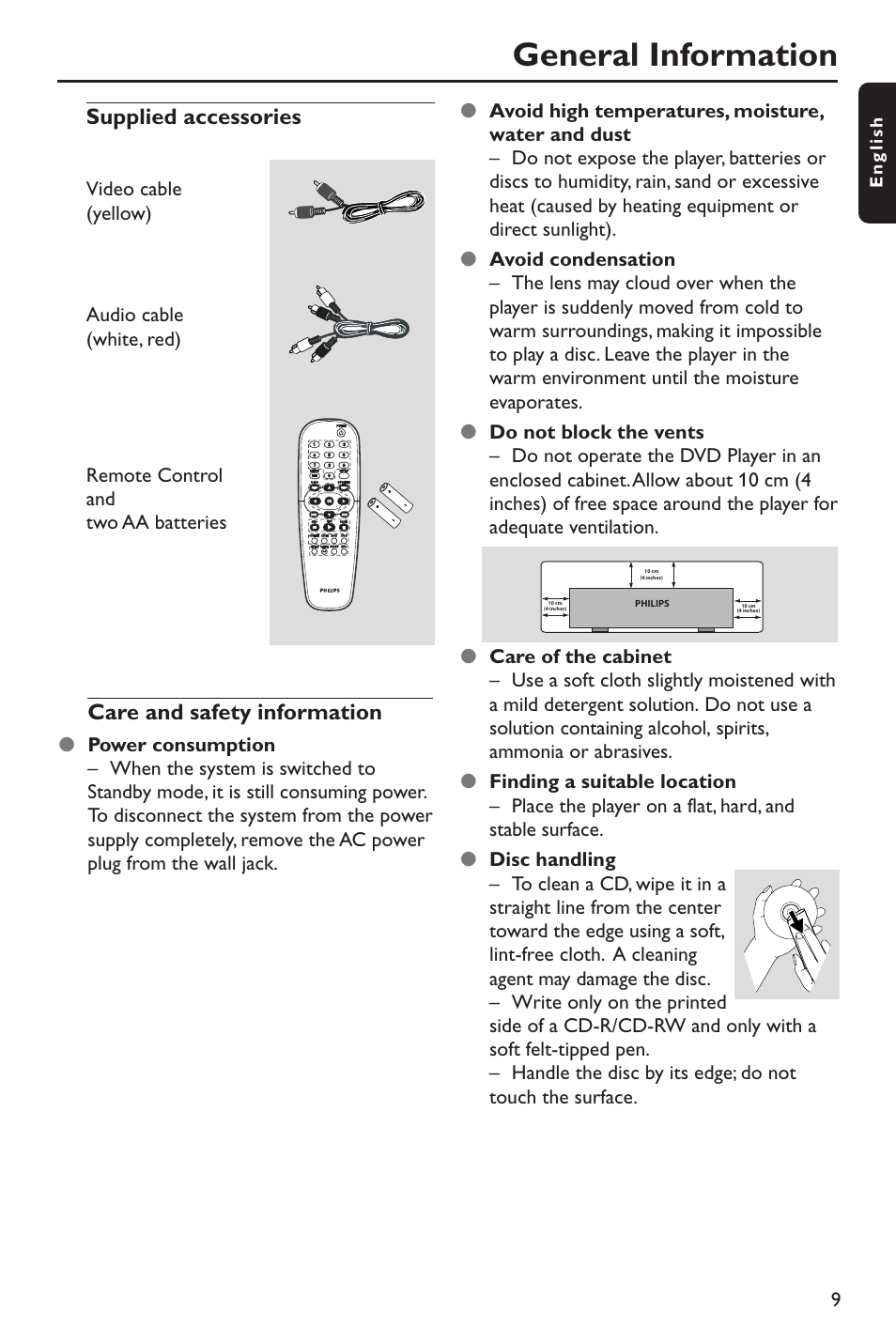 General information, Care and safety information, Supplied accessories | Philips DVP642-37B User Manual | Page 9 / 39