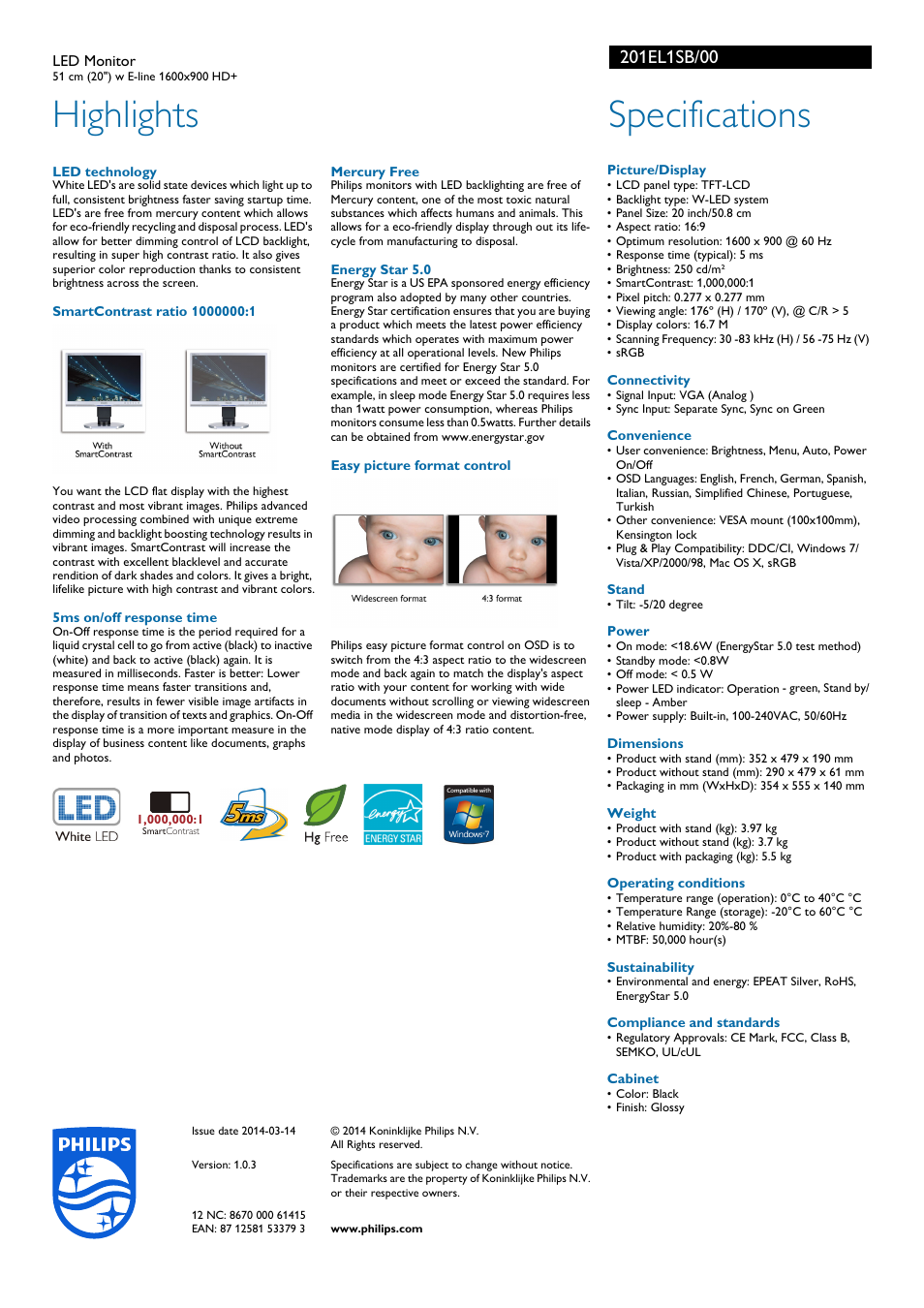 Highlights, Specifications | Philips 201EL1SB-00 User Manual | Page 2 / 2