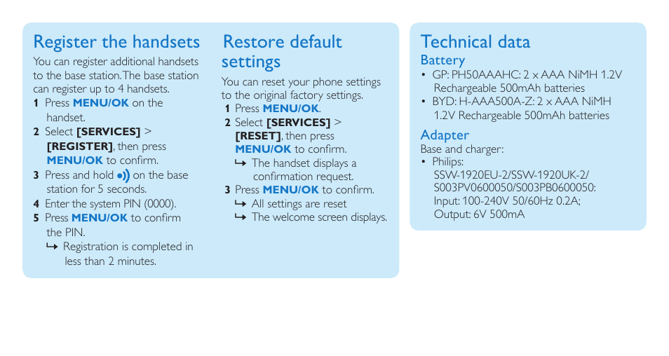 Register the handsets, Restore default settings, Technical data | Philips CD1811R-NL User Manual | Page 10 / 12