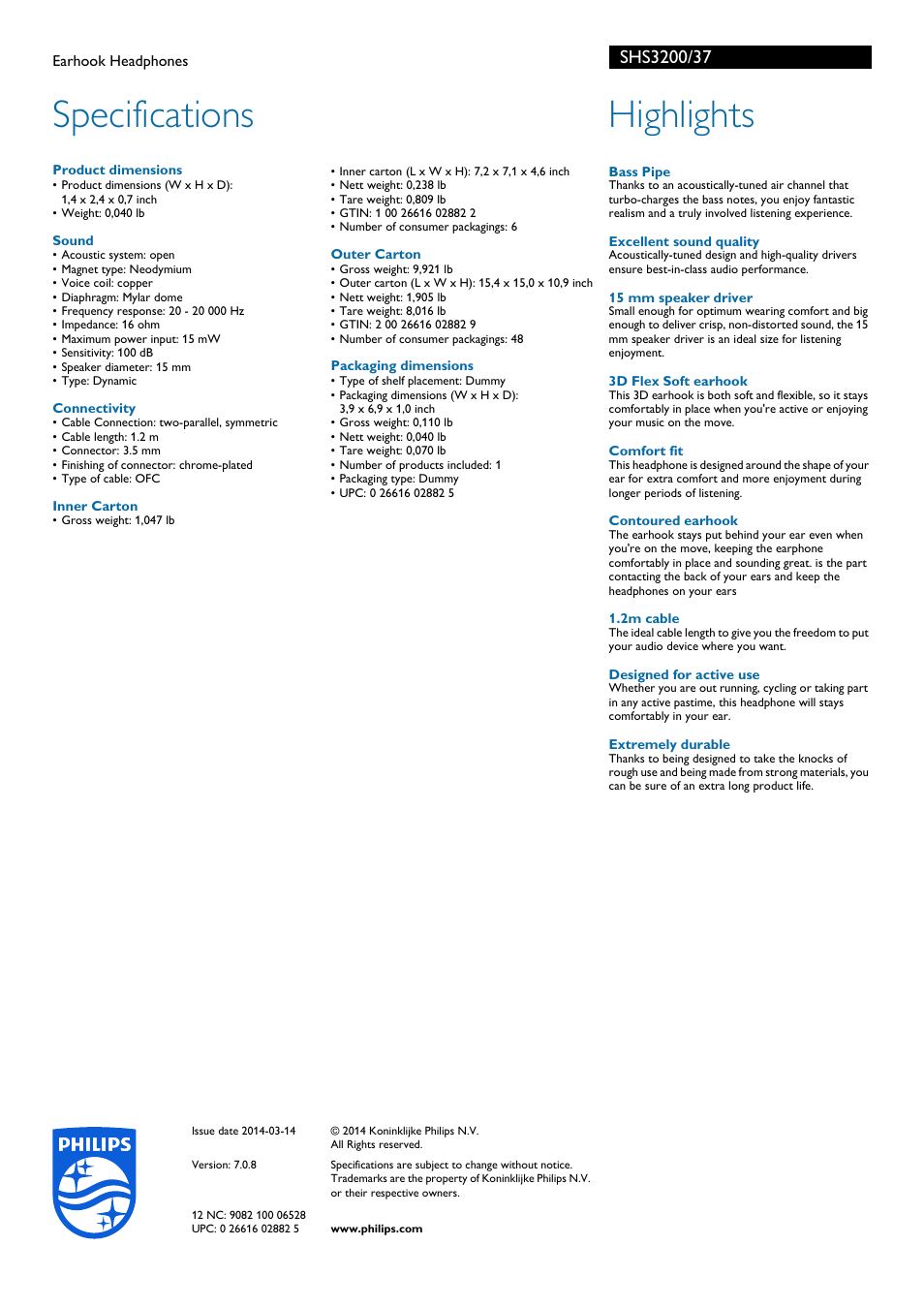 Specifications, Highlights | Philips SHS3200-37 User Manual | Page 2 / 2