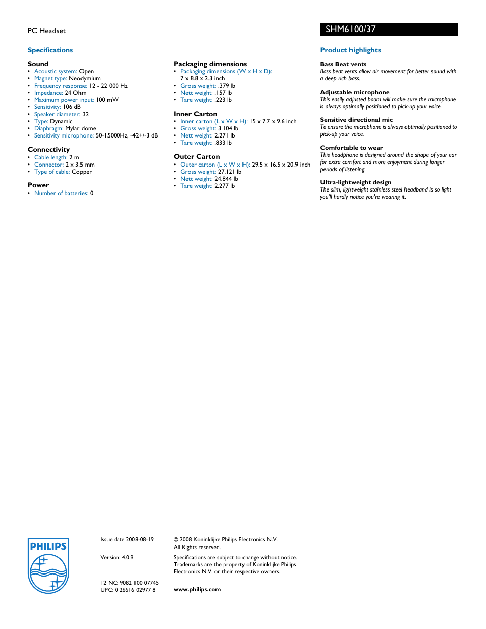 Philips PC Headset SHM6100 User Manual | Page 2 / 2