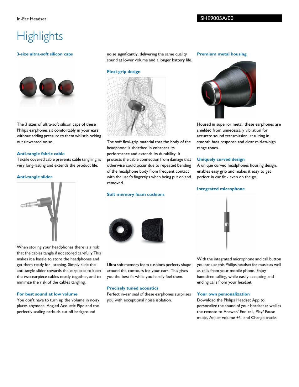 Highlights | Philips SHE9005A-00 User Manual | Page 2 / 3