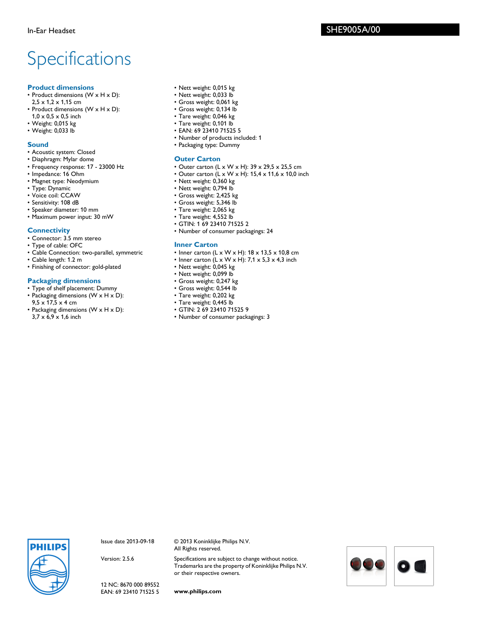 Specifications | Philips SHE9005A-00 User Manual | Page 3 / 3