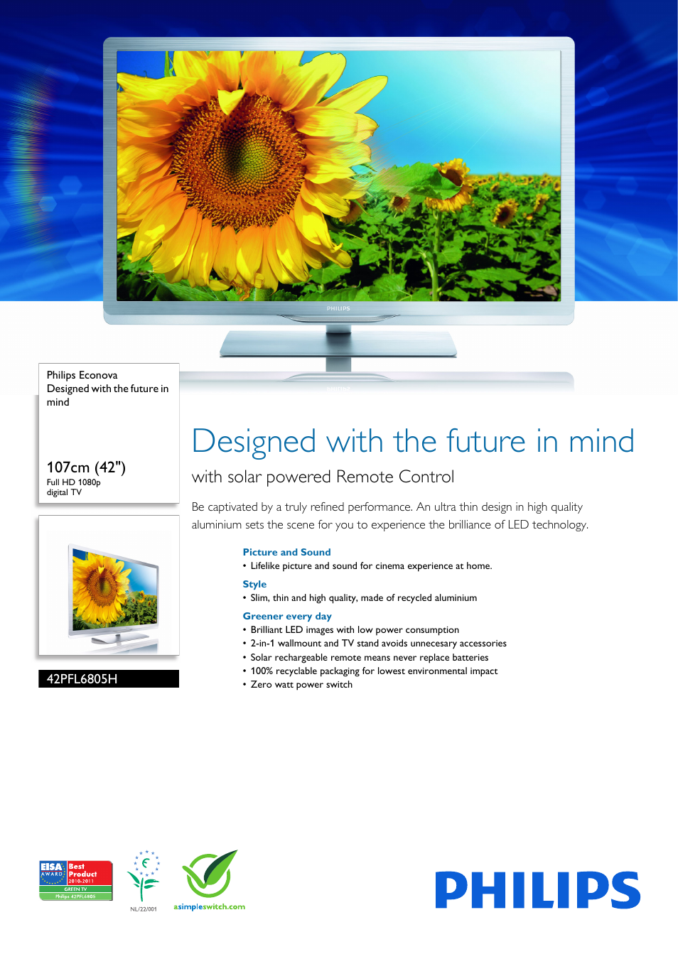 Philips Designed with the future in mind 42PFL6805H 107cm 42" Full HD 1080p digital TV User Manual | 3 pages
