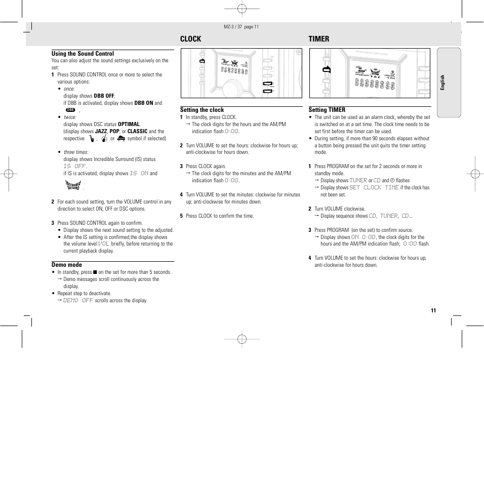 Clock, Timer, Io ii io ii io ii io io i ii | Using the sound control, Demo mode, Setting the clock, Setting timer | Philips MZ3C-37L User Manual | Page 11 / 43