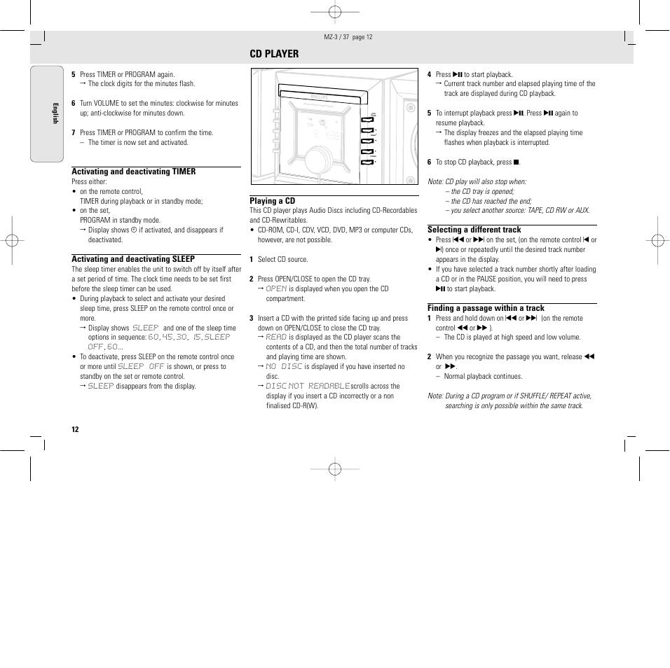 Cd player | Philips MZ3C-37L User Manual | Page 12 / 43