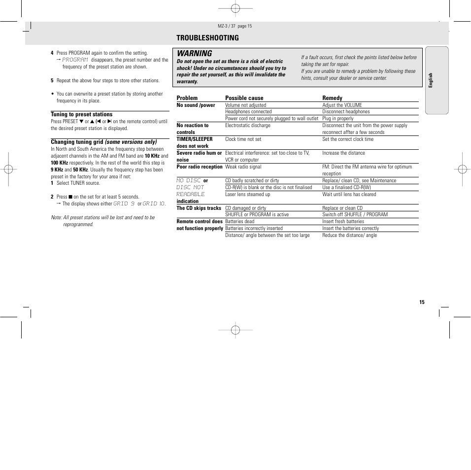 Warning, Troubleshooting | Philips MZ3C-37L User Manual | Page 15 / 43