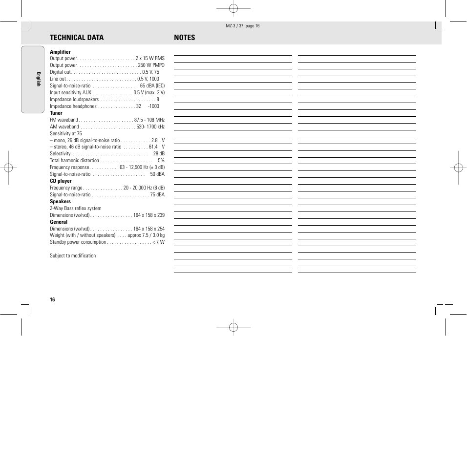 Technical data | Philips MZ3C-37L User Manual | Page 16 / 43