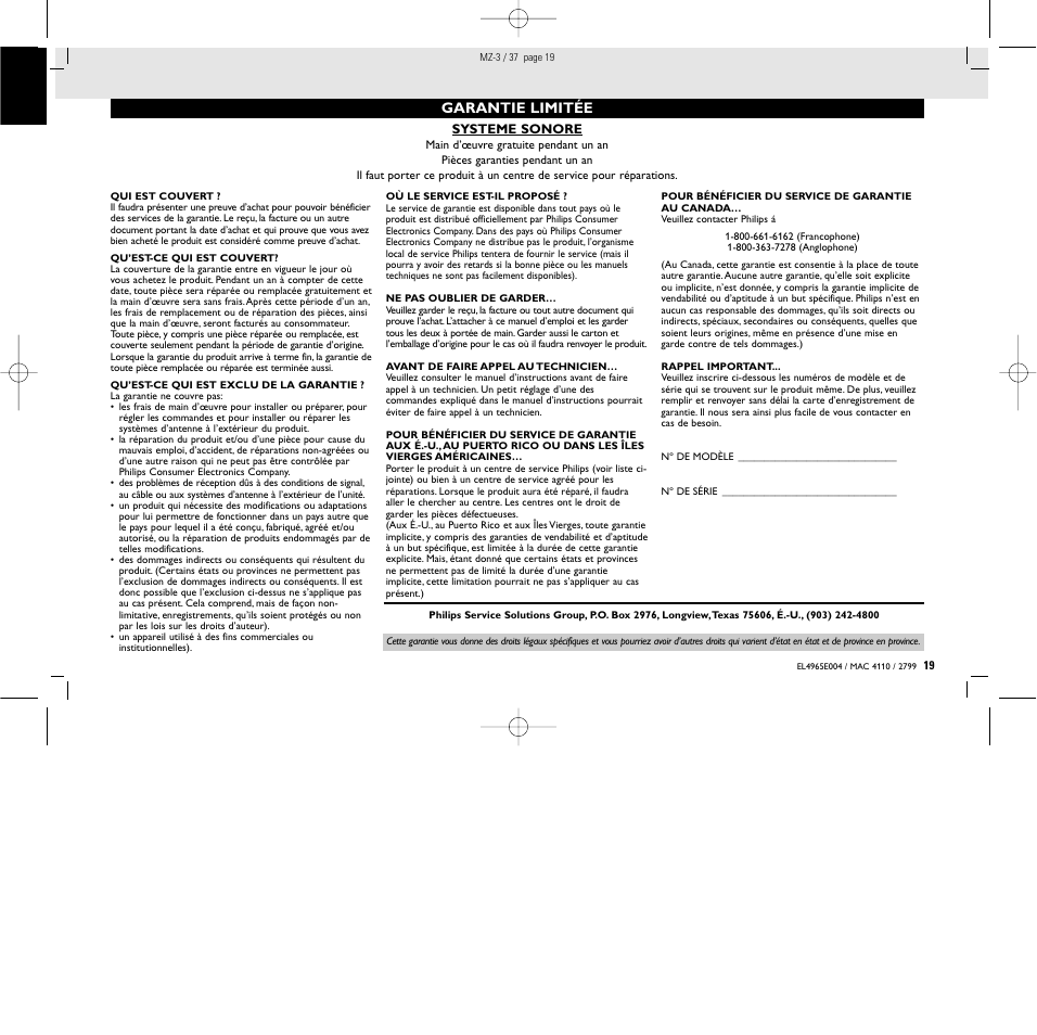 Garantie limitée | Philips MZ3C-37L User Manual | Page 19 / 43