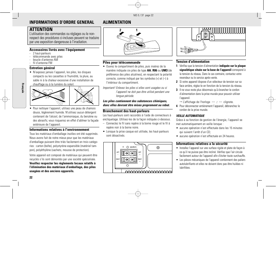 Attention, Informations d’ordre general, Alimentation | Philips MZ3C-37L User Manual | Page 22 / 43