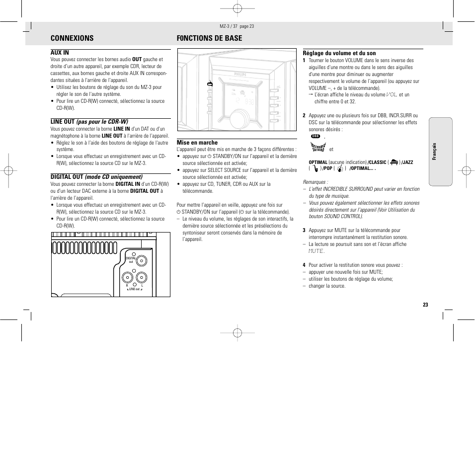 Connexions, F0nctions de base, Io ii io ii io ii io ii io io i ii | Philips MZ3C-37L User Manual | Page 23 / 43