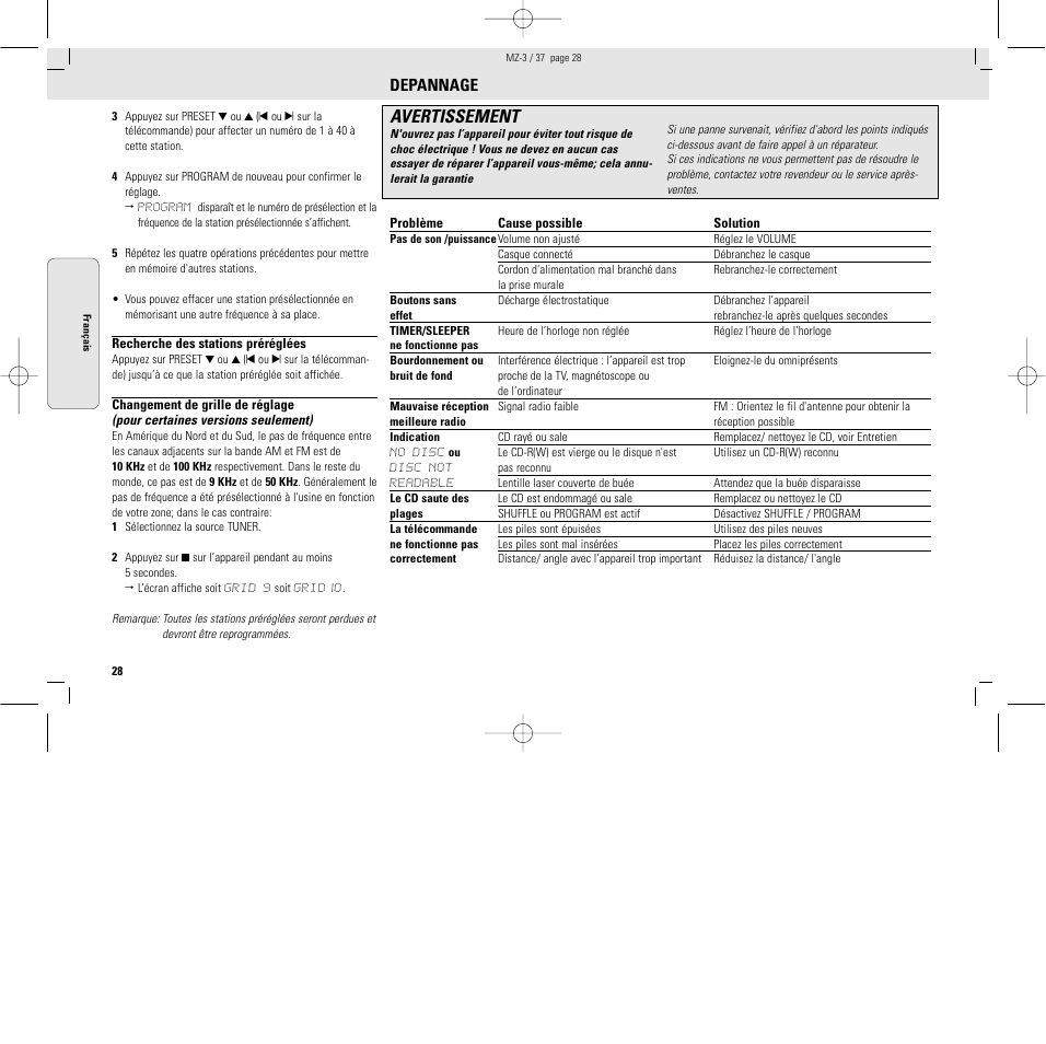 Avertissement, Depannage | Philips MZ3C-37L User Manual | Page 28 / 43