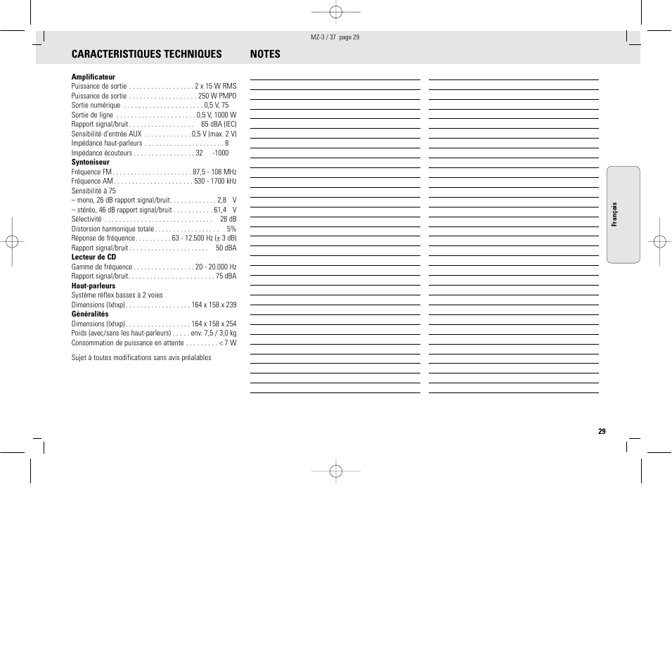 Caracteristiques techniques | Philips MZ3C-37L User Manual | Page 29 / 43