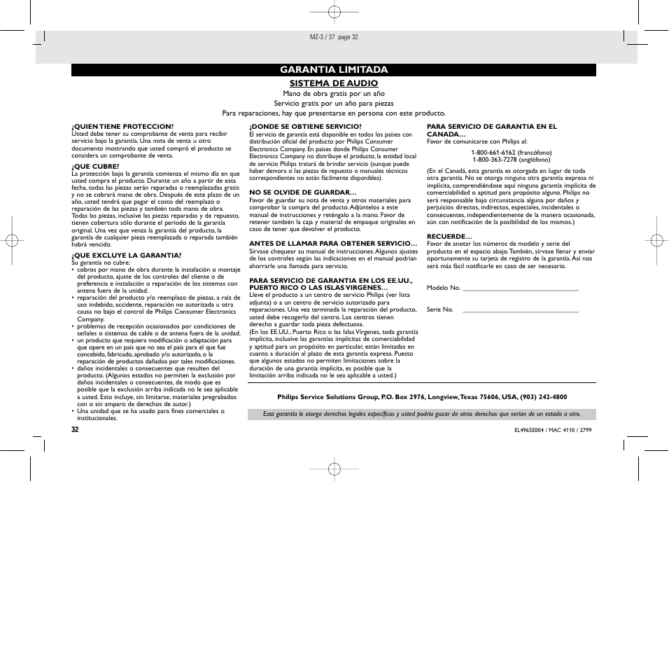 Garantia limitada | Philips MZ3C-37L User Manual | Page 32 / 43