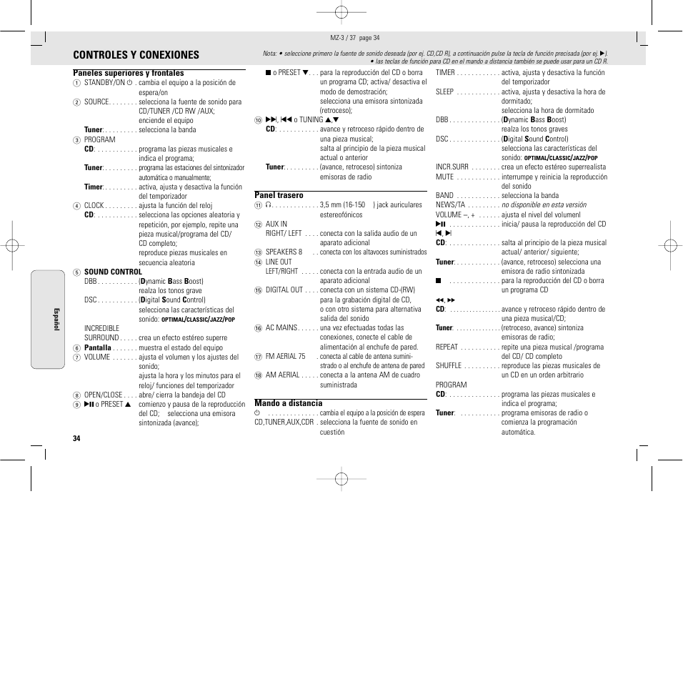 Controles y conexiones | Philips MZ3C-37L User Manual | Page 34 / 43
