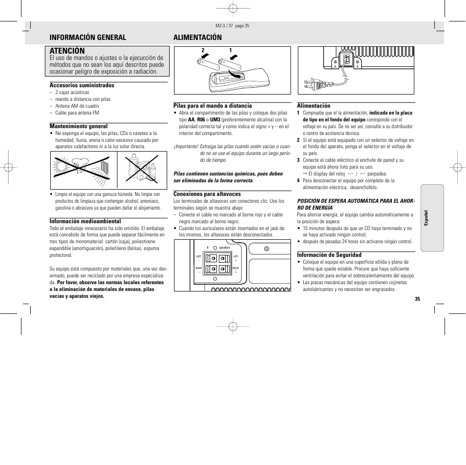 Atención, Información general, Alimentación | Philips MZ3C-37L User Manual | Page 35 / 43