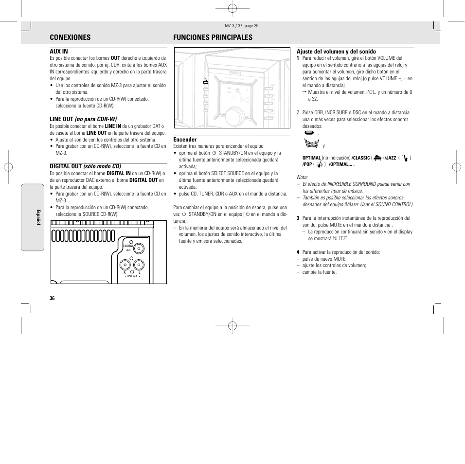 Conexiones, Funciones principales, Io ii io ii io ii io ii io io i ii | Philips MZ3C-37L User Manual | Page 36 / 43