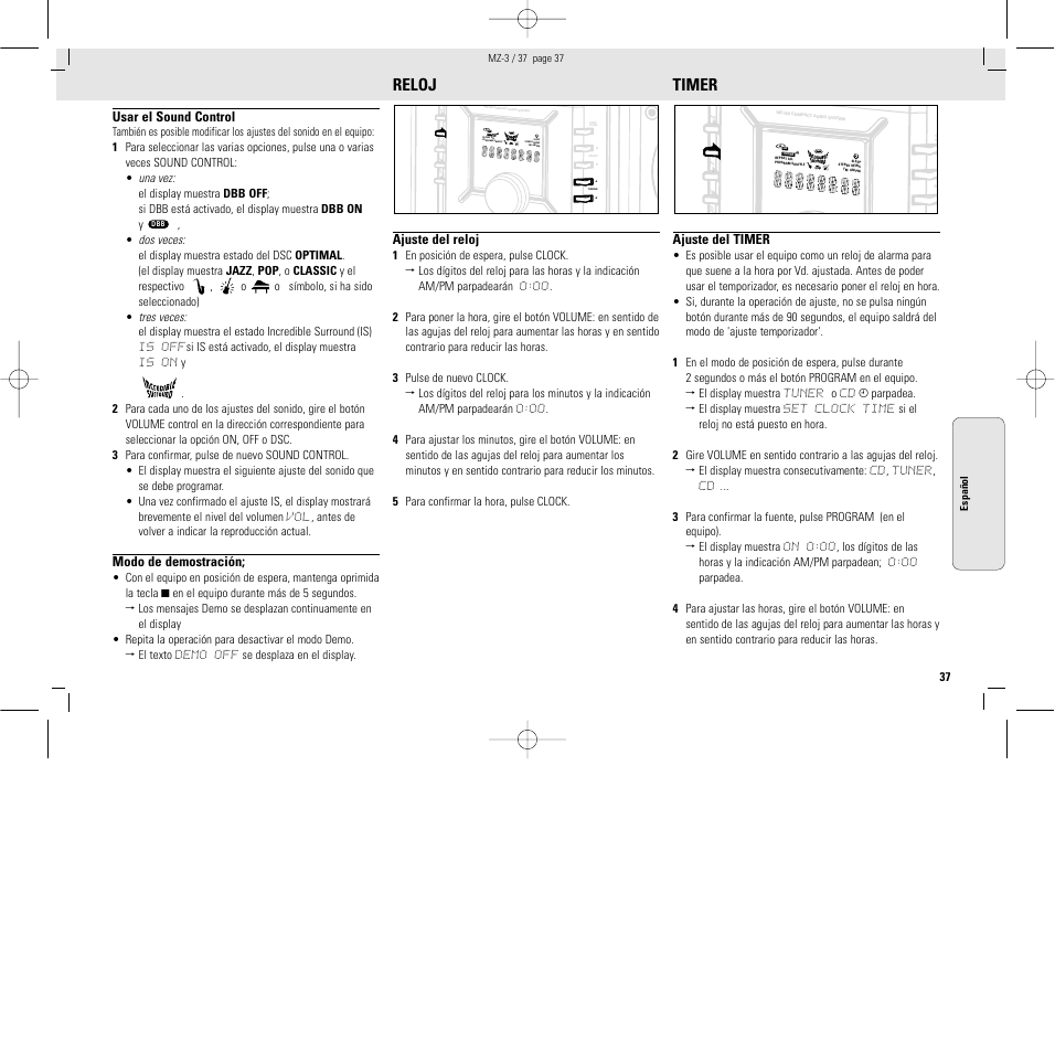 Reloj, Timer, Io ii io ii io ii io io i ii | Usar el sound control, Modo de demostración, Ajuste del reloj, Ajuste del timer | Philips MZ3C-37L User Manual | Page 37 / 43