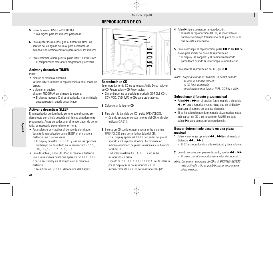 Reproductor de cd | Philips MZ3C-37L User Manual | Page 38 / 43