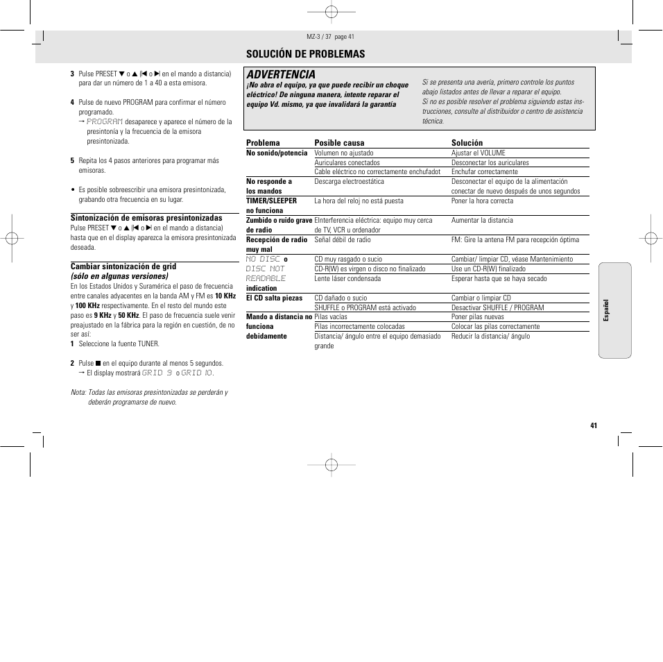 Advertencia, Solución de problemas | Philips MZ3C-37L User Manual | Page 41 / 43