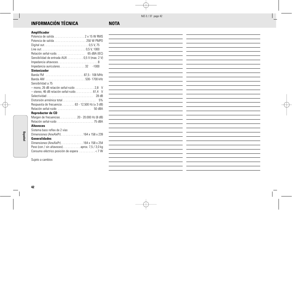 Información técnica, Nota | Philips MZ3C-37L User Manual | Page 42 / 43