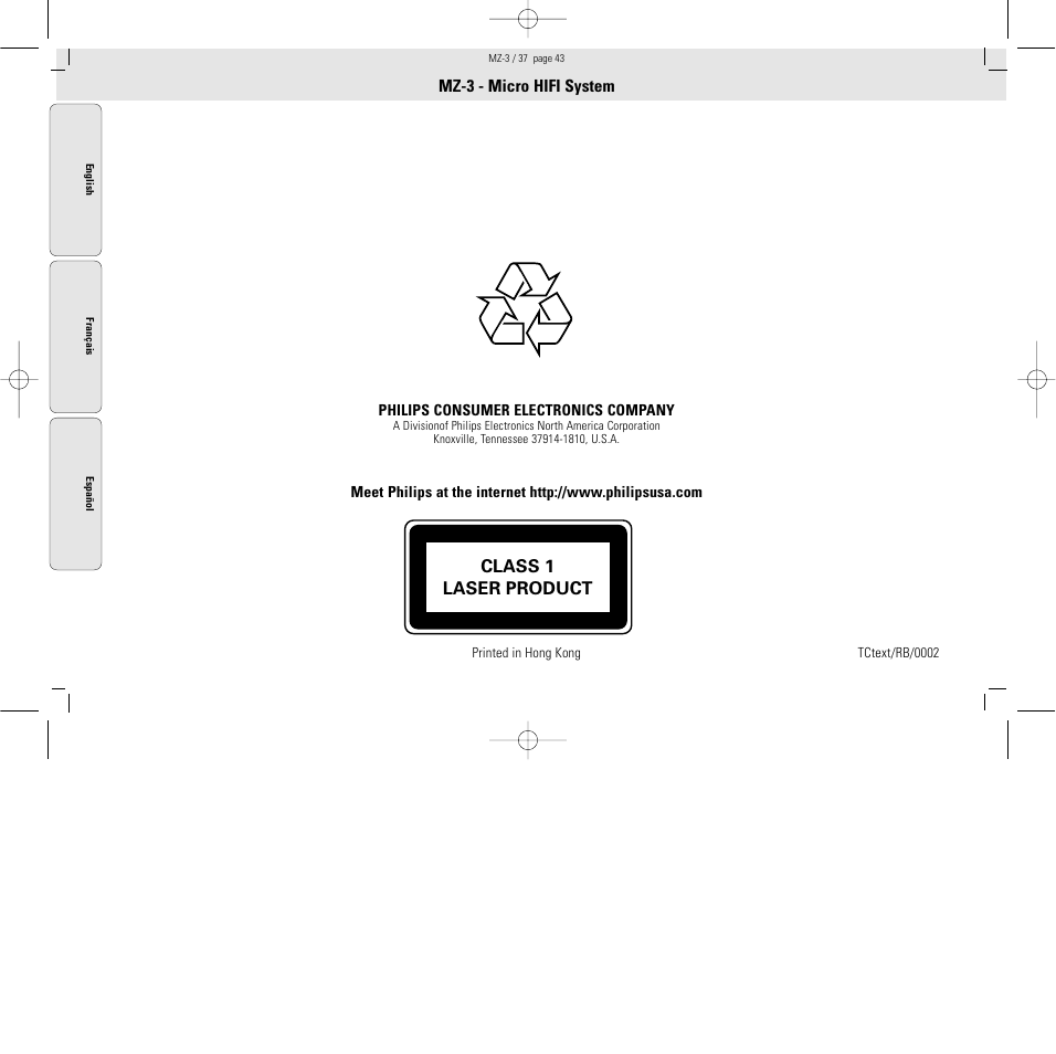 Class 1 laser product, Mz-3 - micro hifi system | Philips MZ3C-37L User Manual | Page 43 / 43