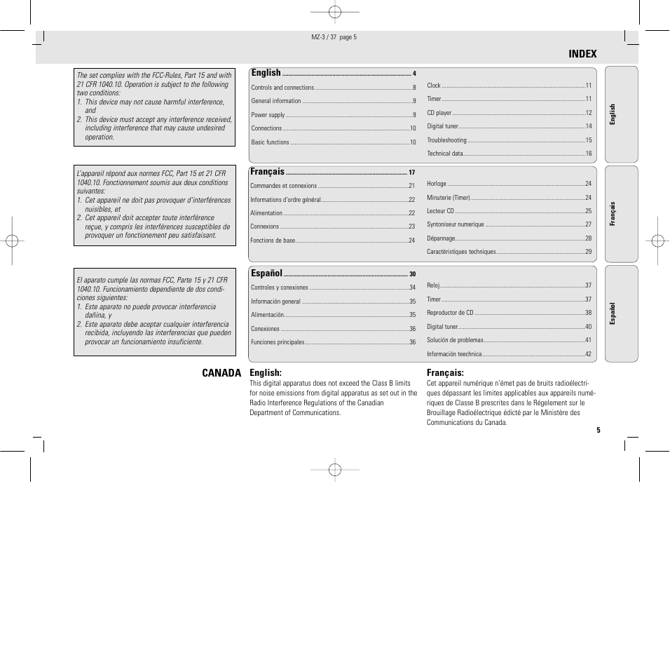 Index, Canada | Philips MZ3C-37L User Manual | Page 5 / 43
