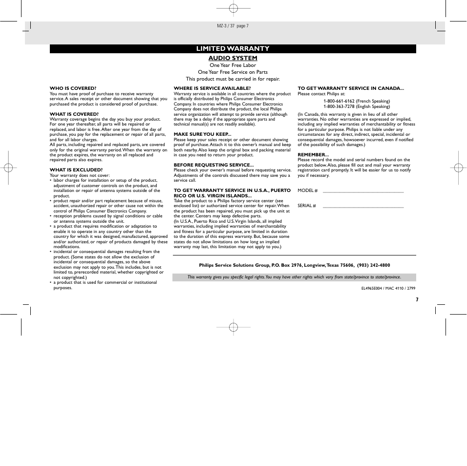 Limited warranty | Philips MZ3C-37L User Manual | Page 7 / 43