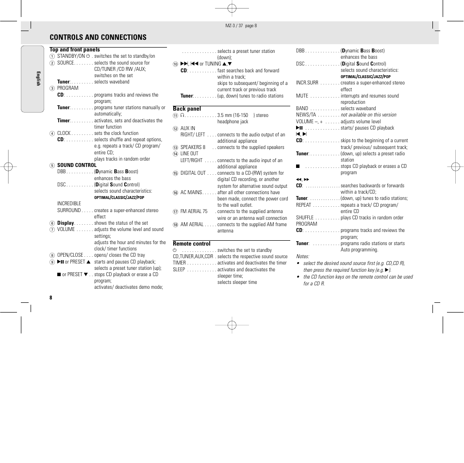 Controls and connections | Philips MZ3C-37L User Manual | Page 8 / 43