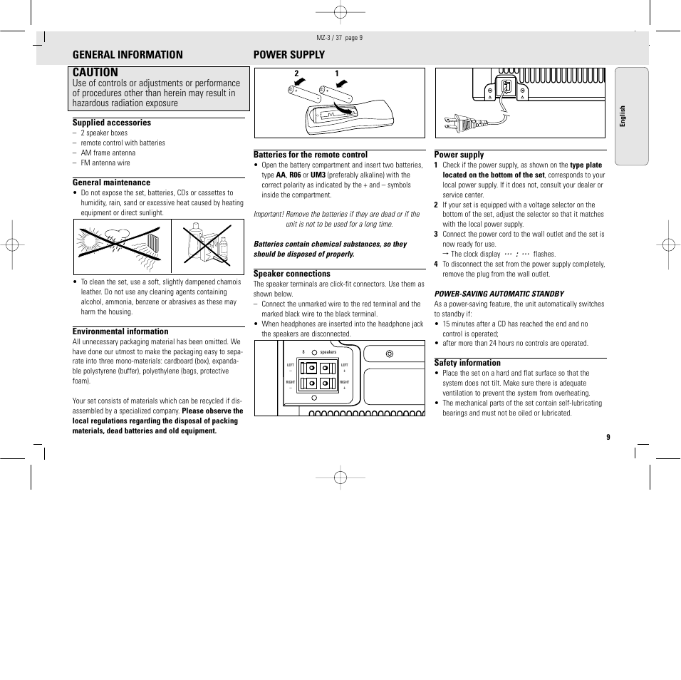 Caution, General information, Power supply | Philips MZ3C-37L User Manual | Page 9 / 43