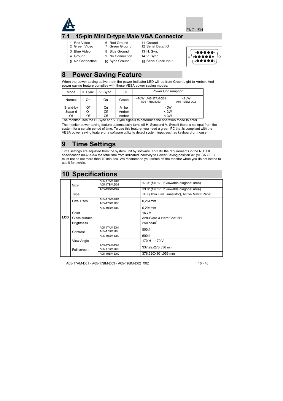 8 power saving feature, 9 time settings, 10 specifications | 1 15-pin mini d-type male vga connector | Atlantis Land A05-17BM-D03 User Manual | Page 10 / 40