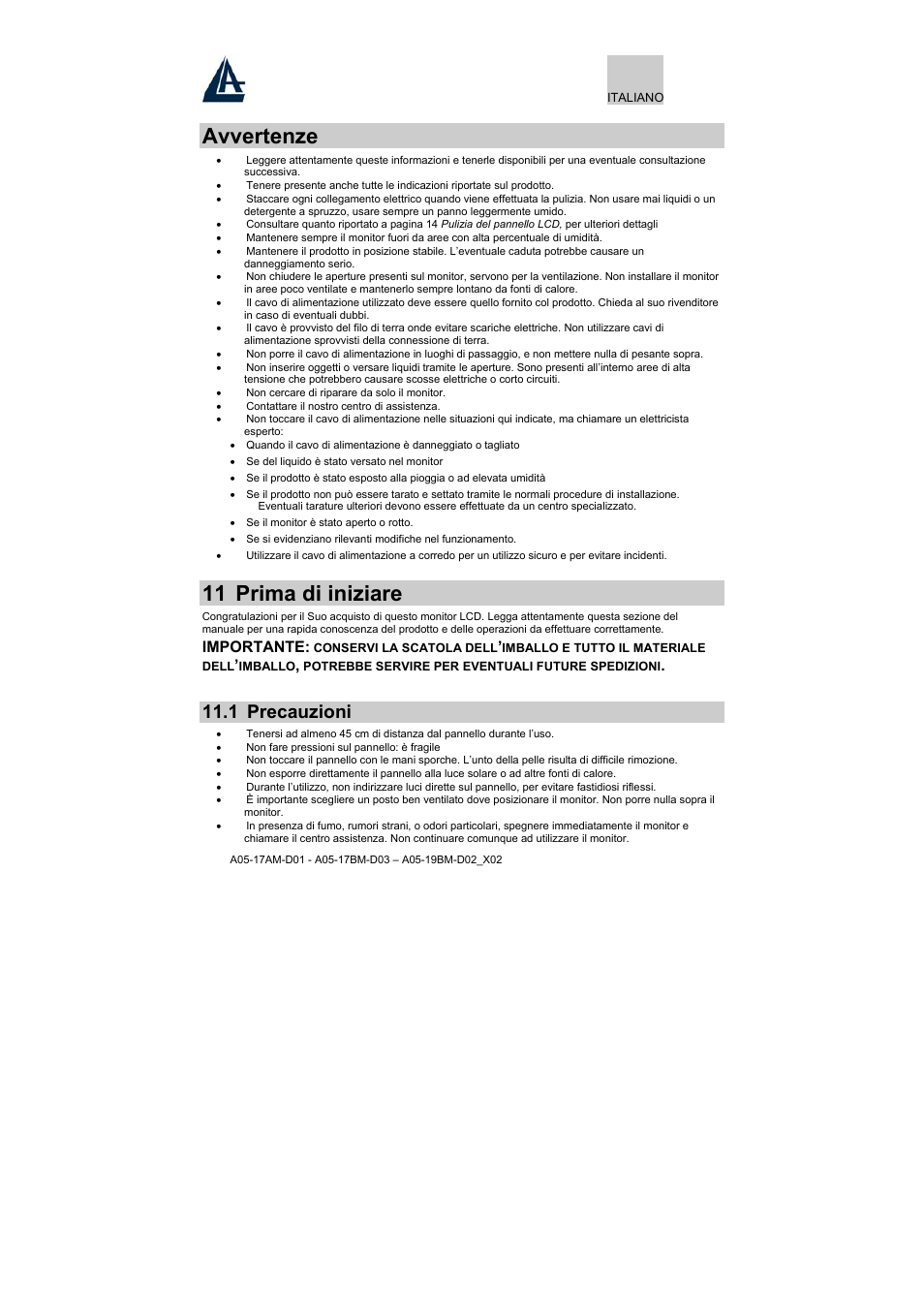 Avvertenze, 11 prima di iniziare, 1 precauzioni | Importante | Atlantis Land A05-17BM-D03 User Manual | Page 13 / 40