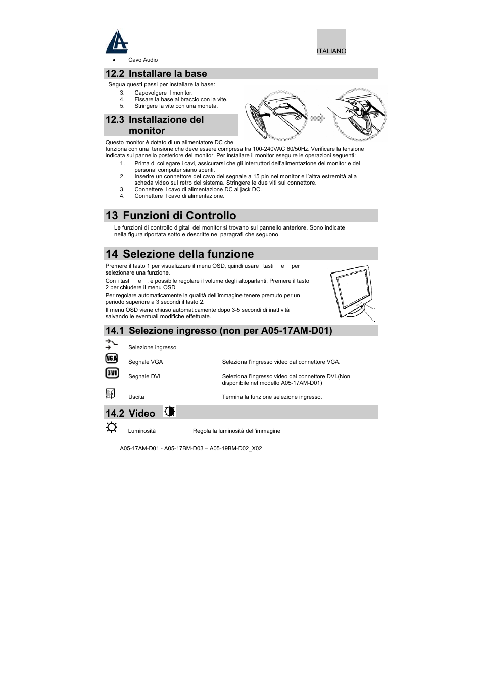 13 funzioni di controllo, 14 selezione della funzione, 2 installare la base | 3 installazione del monitor, 2 video | Atlantis Land A05-17BM-D03 User Manual | Page 15 / 40