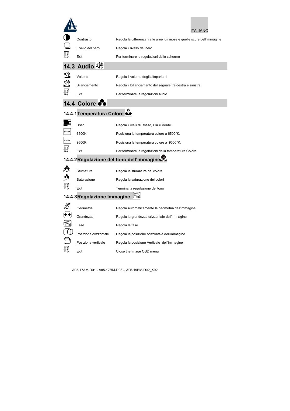 3 audio, 4 colore, 1 temperatura colore | 2 regolazione del tono dell’immagine, 3 regolazione immagine | Atlantis Land A05-17BM-D03 User Manual | Page 16 / 40
