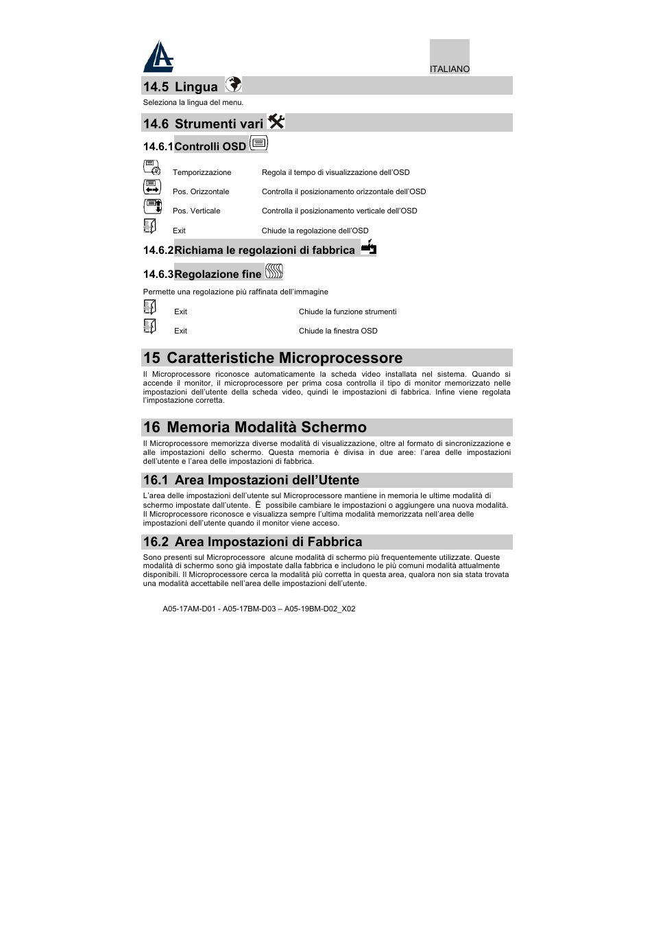 15 caratteristiche microprocessore, 5 lingua, 6 strumenti vari | 1 area impostazioni dell’utente, 2 area impostazioni di fabbrica | Atlantis Land A05-17BM-D03 User Manual | Page 17 / 40