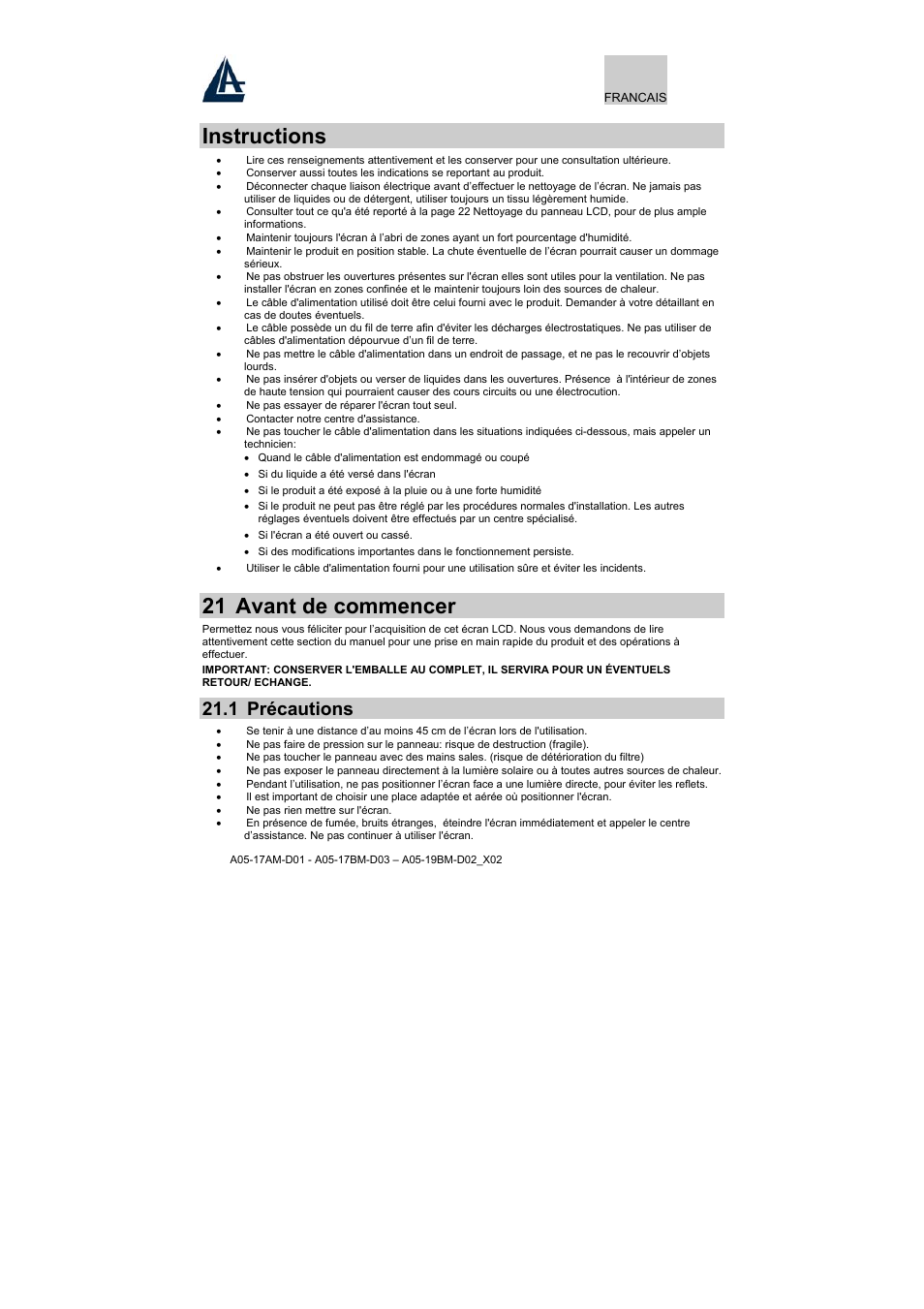 Instructions, 21 avant de commencer, 1 précautions | Atlantis Land A05-17BM-D03 User Manual | Page 21 / 40