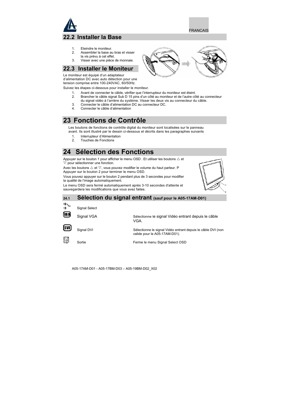 23 fonctions de contrôle, 24 sélection des fonctions, 2 installer la base | Installer le moniteur, Sélection du signal entrant | Atlantis Land A05-17BM-D03 User Manual | Page 23 / 40
