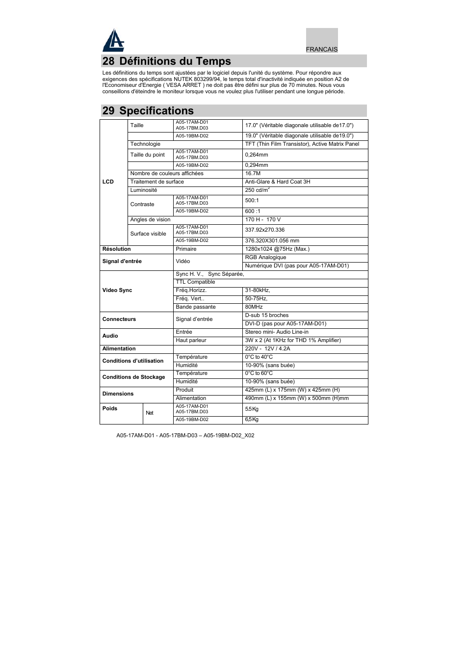 28 définitions du temps, 29 specifications | Atlantis Land A05-17BM-D03 User Manual | Page 27 / 40