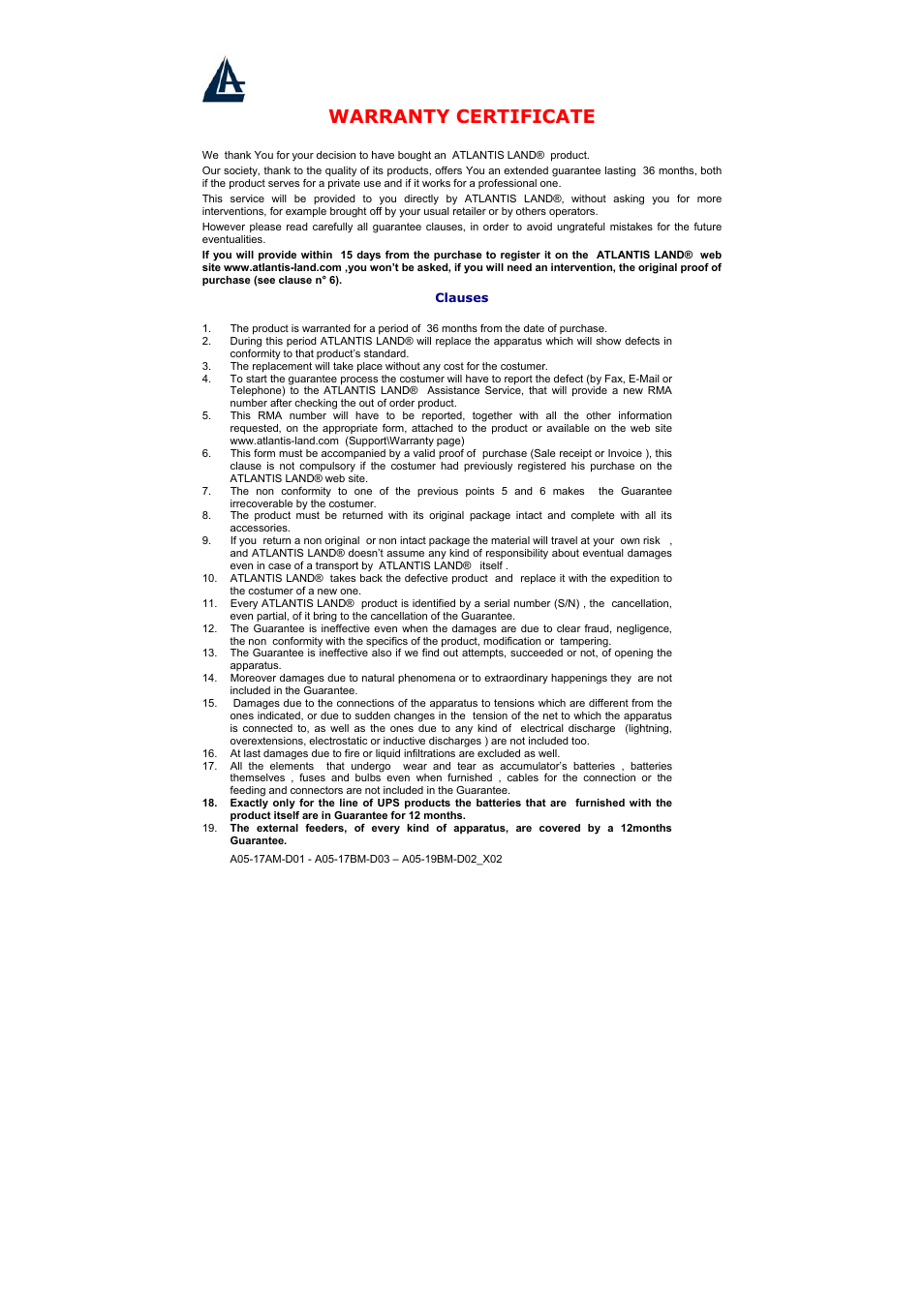 Warranty certificate | Atlantis Land A05-17BM-D03 User Manual | Page 31 / 40
