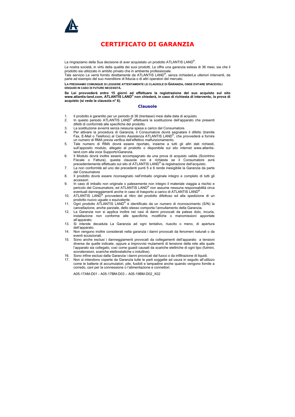 Certificato di garanzia | Atlantis Land A05-17BM-D03 User Manual | Page 33 / 40