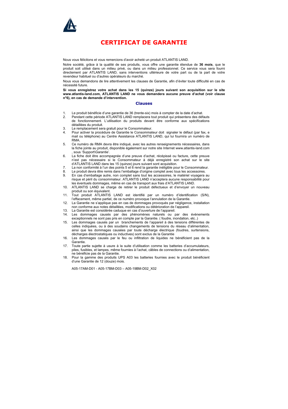 Certificat de garantie | Atlantis Land A05-17BM-D03 User Manual | Page 35 / 40