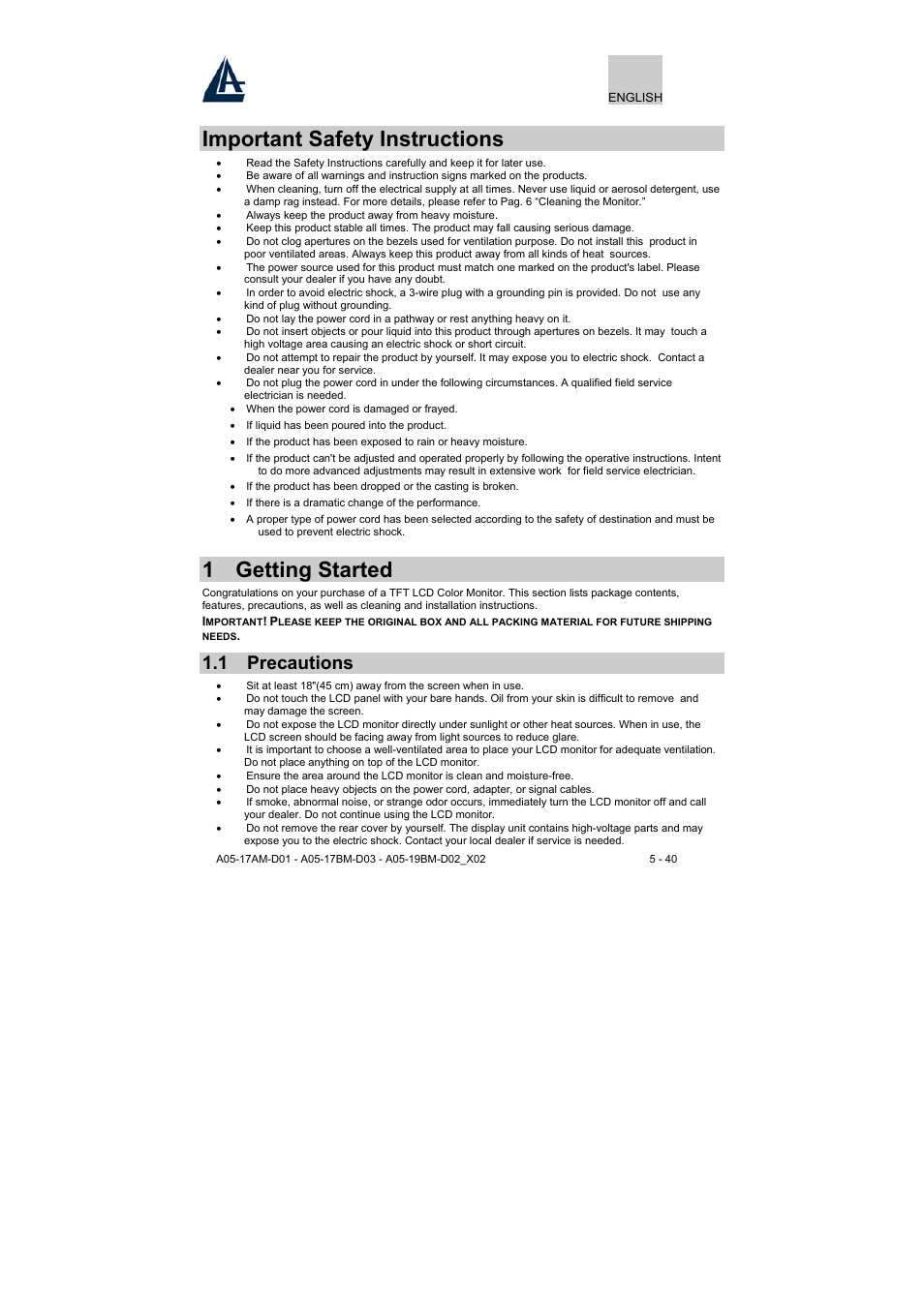 Important safety instructions, 1 getting started, 1 precautions | Atlantis Land A05-17BM-D03 User Manual | Page 5 / 40