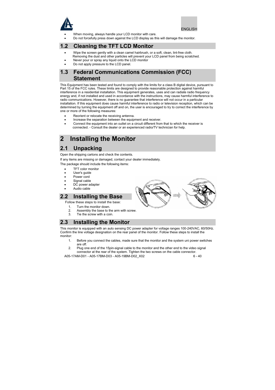 2 installing the monitor, 2 cleaning the tft lcd monitor, 1 unpacking | 2 installing the base, 3 installing the monitor | Atlantis Land A05-17BM-D03 User Manual | Page 6 / 40