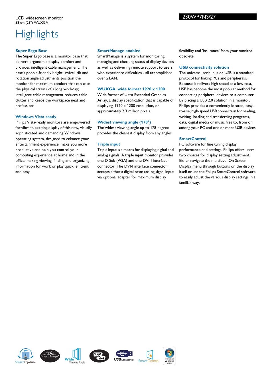 Highlights | Philips 230WP7NS-27 User Manual | Page 2 / 3