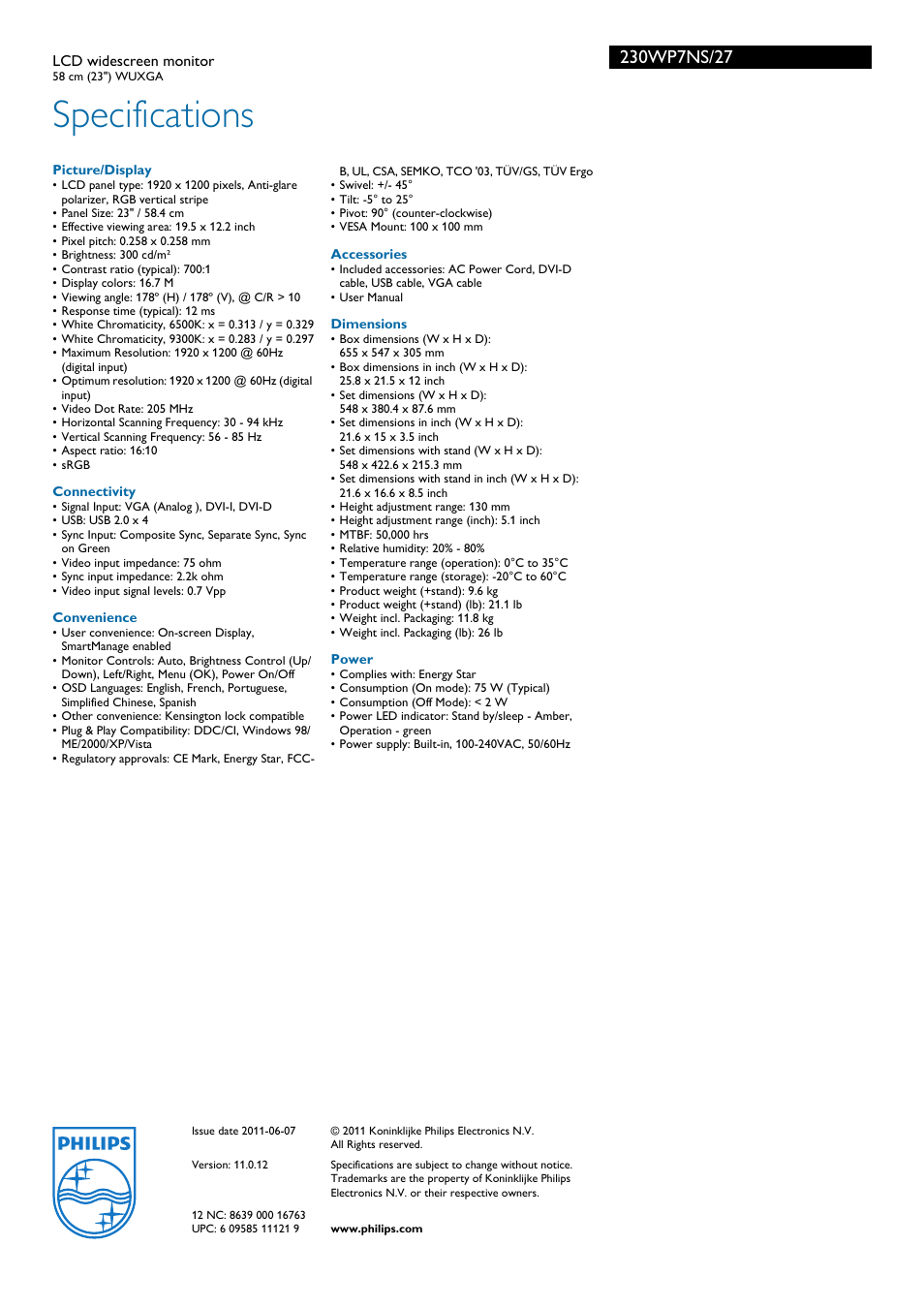 Specifications | Philips 230WP7NS-27 User Manual | Page 3 / 3