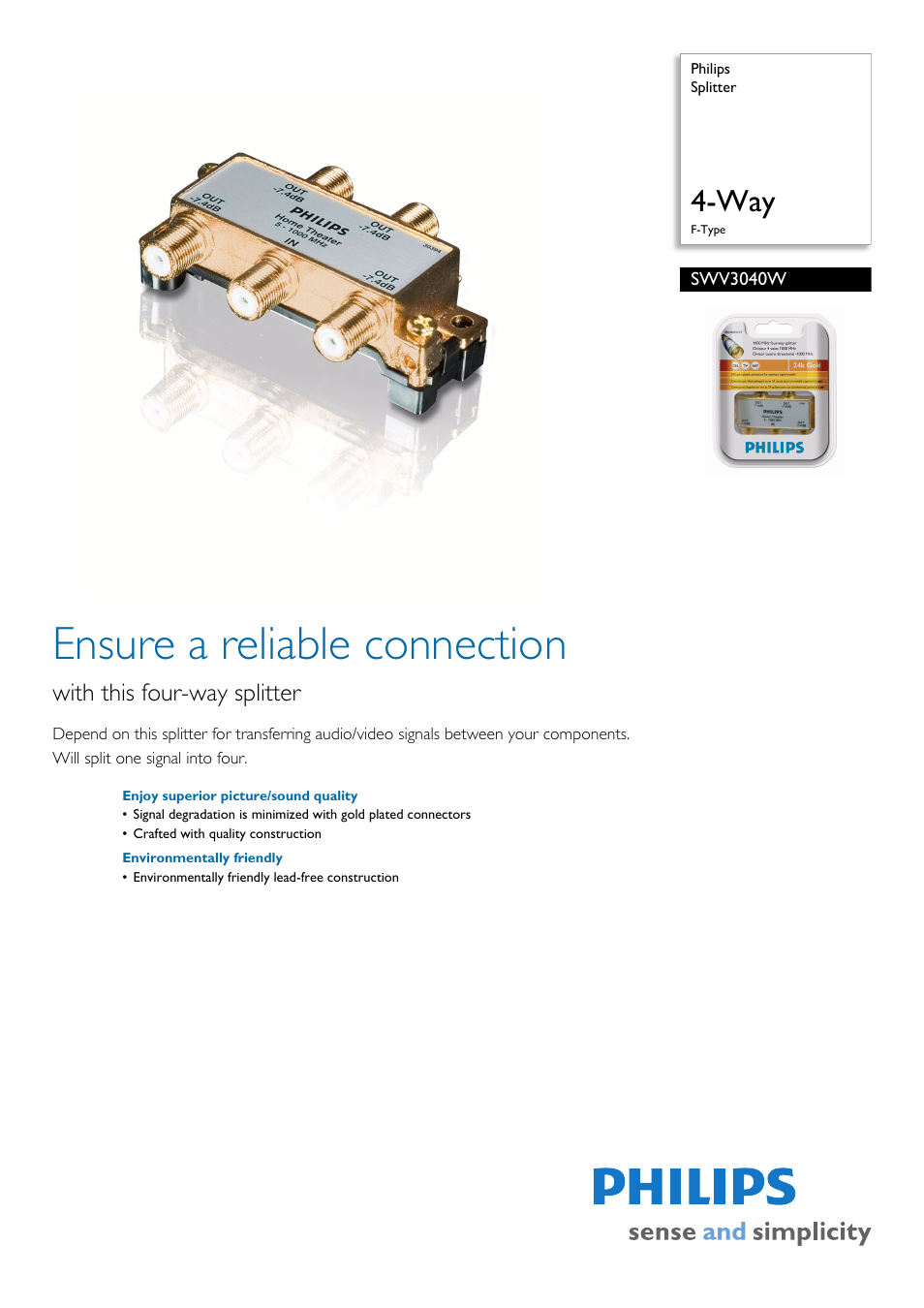 Philips Splitter SWV3040W 4-Way F-Type User Manual | 2 pages