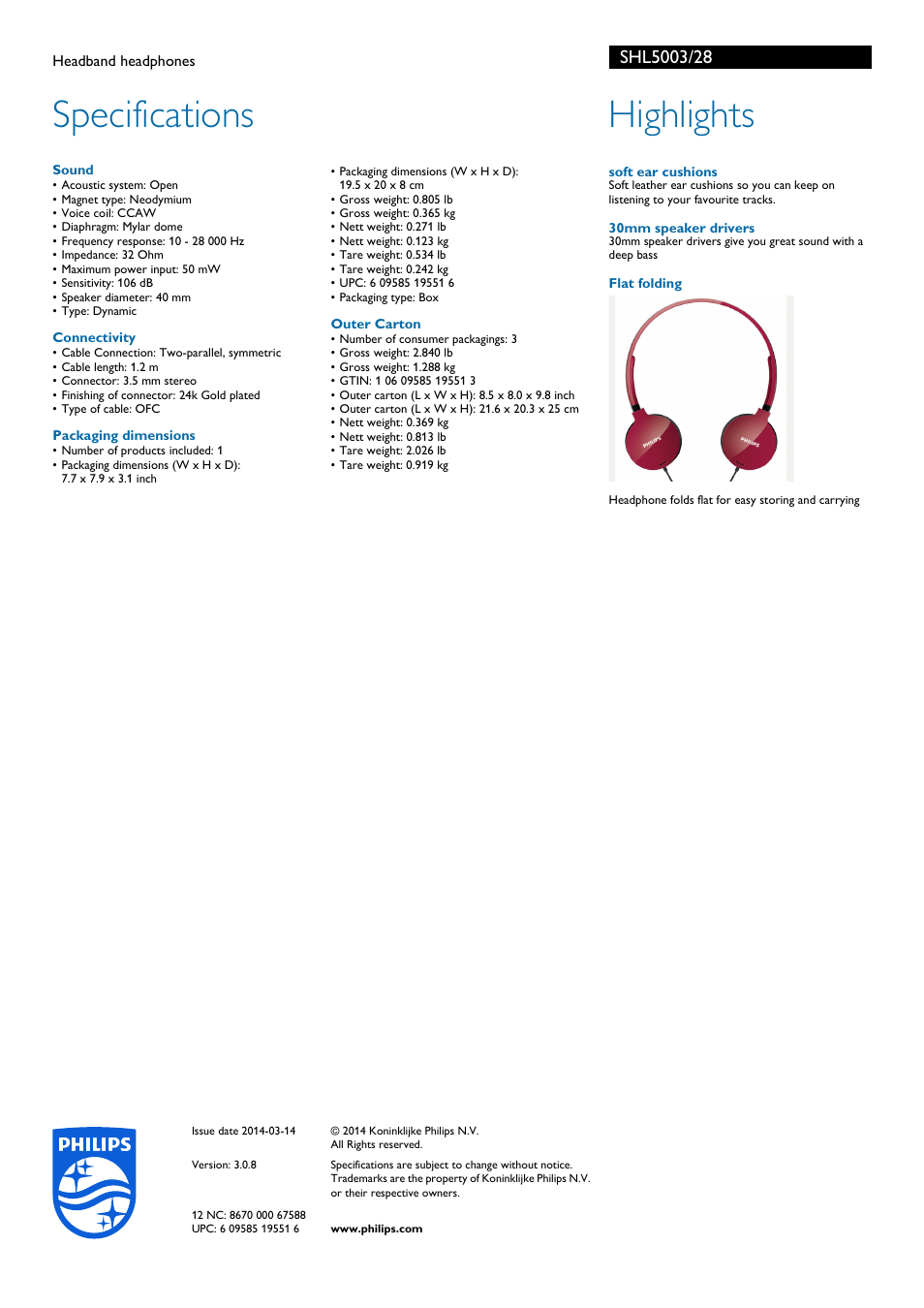 Specifications, Highlights | Philips SHL5003-28 User Manual | Page 2 / 2