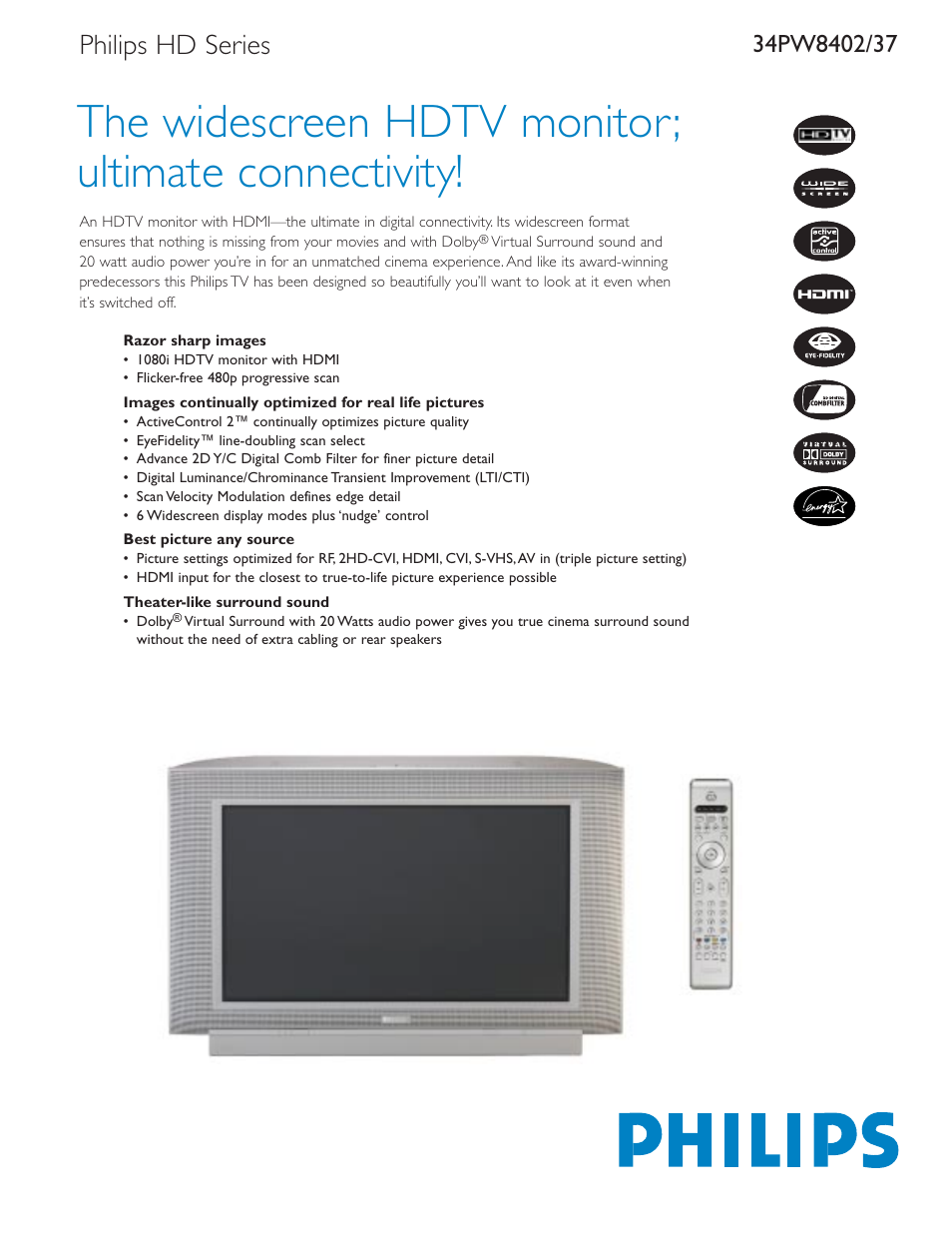 Philips 34PW8402-37B User Manual | 2 pages