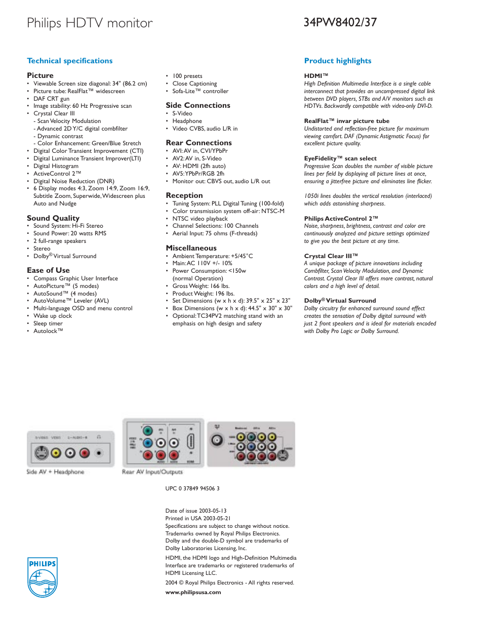 Philips hdtv monitor | Philips 34PW8402-37B User Manual | Page 2 / 2